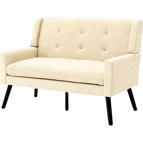 Divano a 2 posti rivestito in lino beige con schiuma ad alta densità e gambe in legno HOMVRA (1/5)