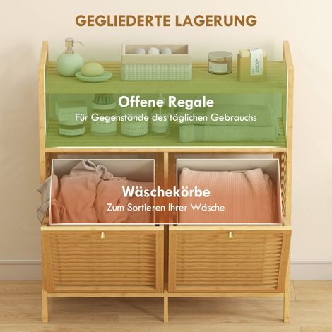 Étagère de rangement en bambou avec 2 bacs à linge, meuble autoportant pour salle de bain ou lingerie, finition bois naturel et blanc crème (1/4)