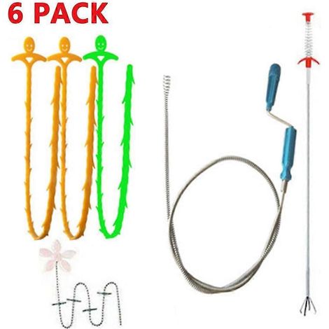 Kit de nettoyage de canalisations (6 pièces) pour évier et WC, comprenant un crochet de débouchage et un outil anti-obstruction. (1/5)