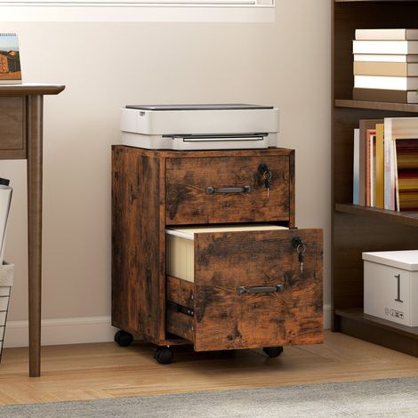Caisson bureau mobile à 2 tiroirs, meuble rangement bureau sur roulettes pour documents suspendus format lettre, marron (1/5)