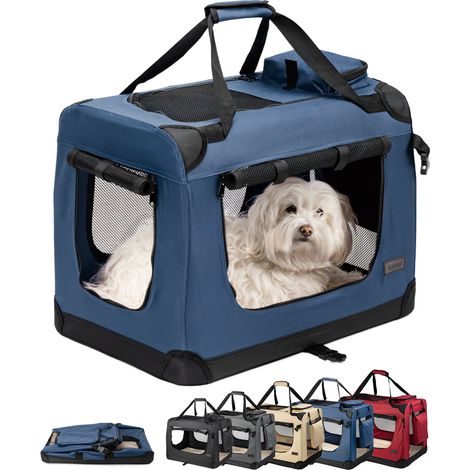 lionto Hundetransportbox faltbar, stabile Stoffbox mit Mesh-Einsätzen, ideal für Auto, Reise & Tierarzt, 60x42x44 cm, dunkelblau