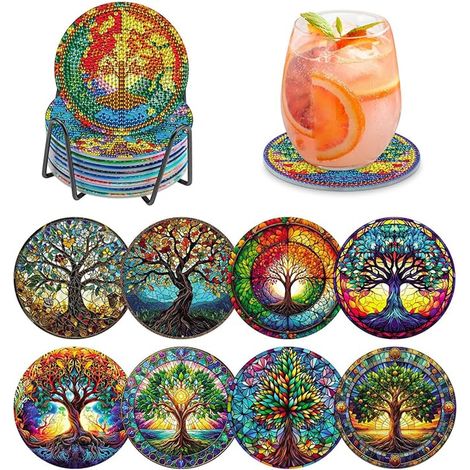 Diamond Painting Coasters, Tree of Life Diamond Painting Kit, DIY Diamond Painting Coasters with Metal Stand, Vases, Cups, Decorative Candles (1/5)