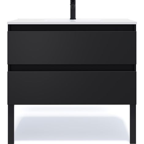 Meuble de salle de bain suspendu vasque intégrée 90cm 2 tiroirs Noir - Hudson (1/5)