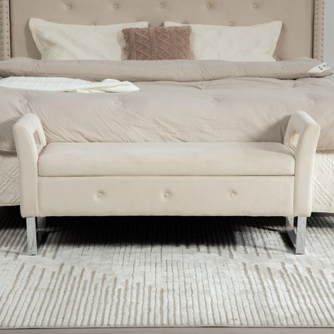 Pouf velours beige avec accoudoirs de rangement pour salon, chambre et entrée