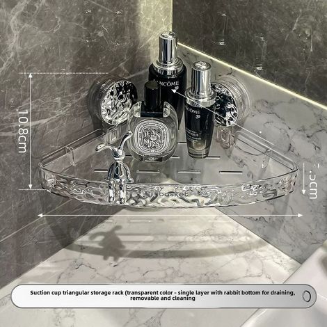 Étagère de rangement triangulaire transparente argentée pour WC avec ventouse et lapin, sans perçage, fixation murale, étagère d'angle pour lavabo, gain de place (1/5)