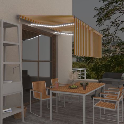 Auvent automatique capteur de vent et LED,Marquise d'entrée, Anti-UV 3x2,5m Jaune et blanc -FR95411 (1/5)
