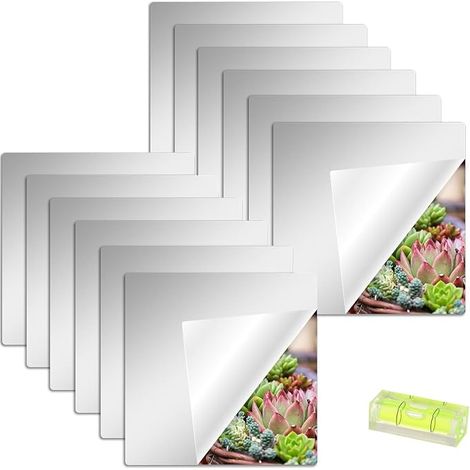 Lot de 12 miroirs autocollants avec niveau à bulle à coller 20 x 20 cm En acrylique HD flexible Pour mur, école, maison, salon, salle de bain, chambre à coucher (1/5)
