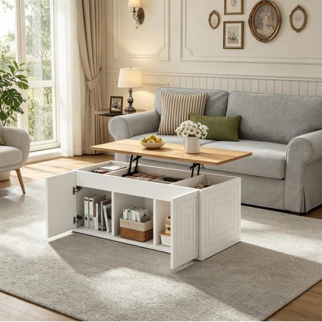 Table basse relevable en panneaux de particules blanc et naturel 95 cm avec rangement à 2 portes (1/5)