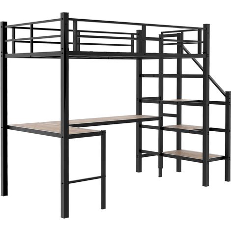 Lit mezzanine en métal noir avec bureau d'angle L 90 x 190 cm et étagères (1/5)