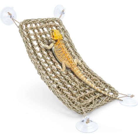 Hamac naturel JeiibrZui pour reptiles - En jonc de mer tissé à la main - Plateforme d'escalade réglable avec ventouses - Convient aux dragons barbus, caméléons et lézards - Accessoire pour terrarium (1/5)