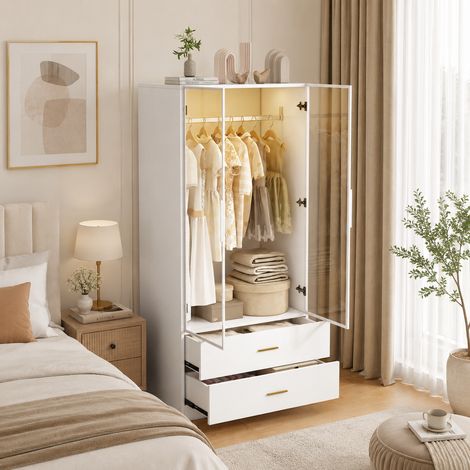 Armoire de chambre 80×50×175cm,lumières LED à capteur intelligent,meuble de rangement,portes en verre trempé et tiroirs,armoire multifonctionnelle avec penderie,style moderne,MDF,Blanc (1/5)