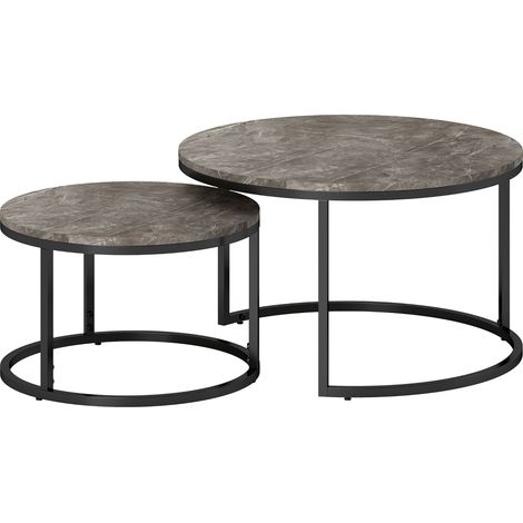 Lot de 2 tables gigognes empilables, design industriel, plateau effet béton, piétement métal gris (1/5)