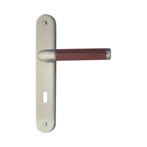 Ouvre&Déco – 1 poignée de porte intérieure réversible design en laiton chromé et cuir marron sur plaque Clé L entraxe 195 mm, TEXAS