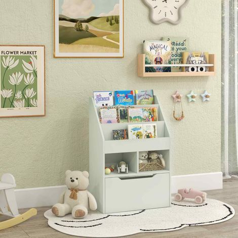 Bücherregal mit vielfältigen Aufbewahrungsmöglichkeiten, 3 Regalböden, 2 Nischen und einer großen Holzkiste in Hellgrün (1/5)
