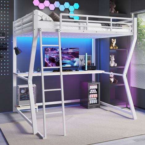 Lit mezzanine 140x200 cm, lit adulte avec LED, étagère, bureau, prise et USB, en métal blanc, sans matelas (1/5)