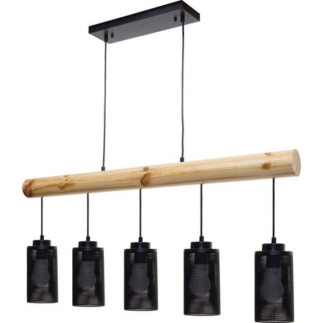 Lampe à suspension de plafond style vintage industriel en bois massif métal noir 5 abat-jour en tube 040003600 (1/5)