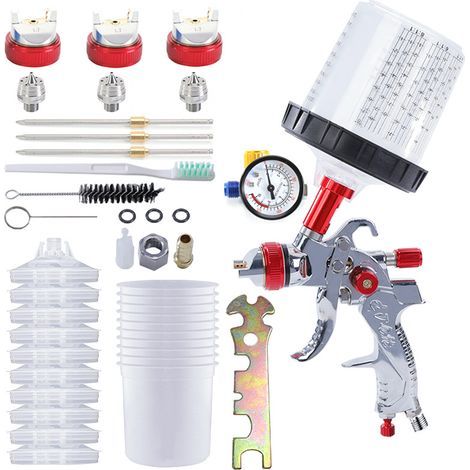 Pistolet pulvérisateur de Peinture avec 10 gobelets jetables de 600 ML et jauge de Pression, kit de Pistolet de pulvérisation de Voiture avec 3 Buses 1,4/1,7/2 mm et gobelet mélangeur (Rouge (1/5)