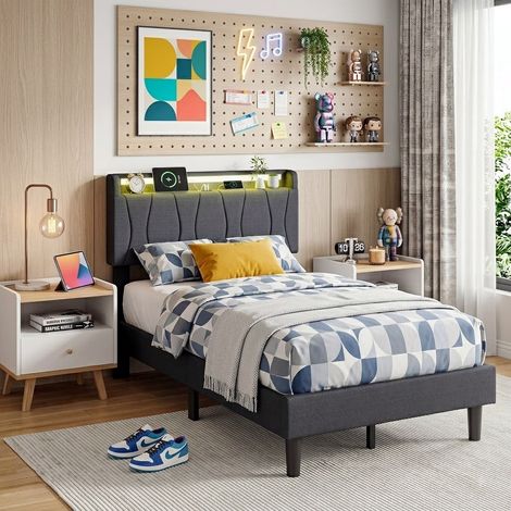 Lit Simple 90x200cm en Lin avec Tête de Lit Lumineuse LED RGB, Port de Charge USB/Type-C et Sommier à Lattes, Cadre de Lit Moderne - Gris (1/5)