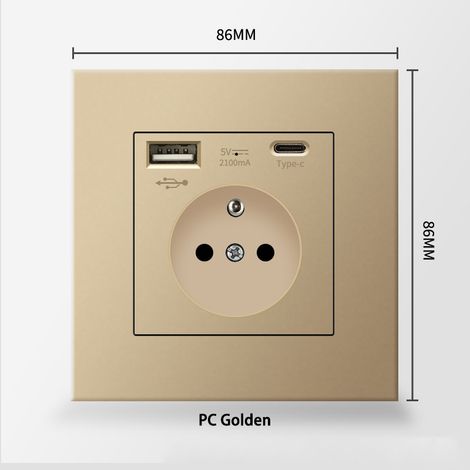 Prise Complète USB C et USB A, Prise Murale 16A 240V avec Carte de Verre, 86x86mm, Charge Rapide 2.1A, Installation Facile pour Maison et Bureau