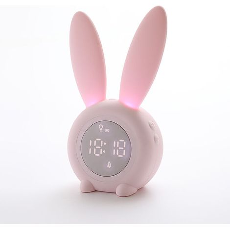 Réveil Matin à Induction en Forme de Lapin Mignon, Intelligent Réglage Automatique de la Lumière de Respiration, Affichage Automatique Temps/Date/Température, Contrôle Vocal ou Tremblement