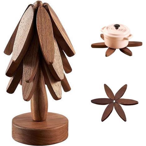 Ensemble de dessous de plat en bambou, dessous de plat pliables en forme d'arbre, dessous de plat en noyer isolant (3 pièces, B-noyer-3 dessous de plat) (1/5)