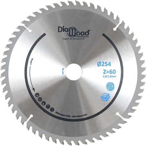 Diamwood – Lame de scie circulaire 254 mm – 60 dents TP Nég – Pour aluminium, bois tendre et PVC – Angle d'attaque -5°