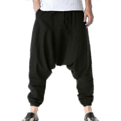 Hippie-Haremshose für Herren, Baggy-Stil, Leinen, Boho-Stil, Yoga-Freizeithose mit tiefem Schritt, A-Good-M-Black (1/2)