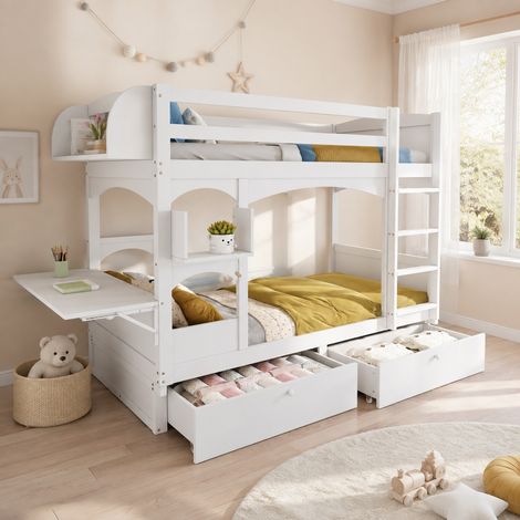 Letto a castello in legno massello bianco 90x200 cm con scrivania pieghevole, scaffale, 2 cassetti e rete inclusa (1/5)