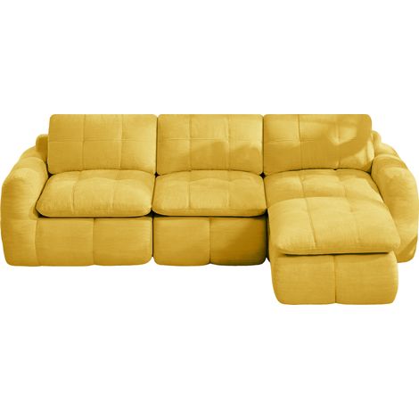 Divano modulare angolare a L 3 posti senza braccioli in ciniglia gialla con pouf, 264 x 160 x 68 cm (1/5)