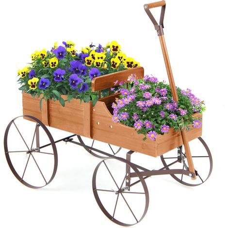 Jardinière brouette décorative 62 x 34 x 60 cm avec roues pratiques style rustique en bois marron