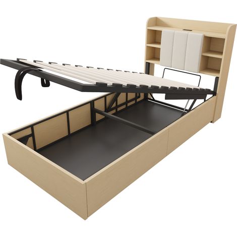 GagaLit hydraulique 90x200 cm bois, tête de lit rangements, USB et Type-C (1/5)