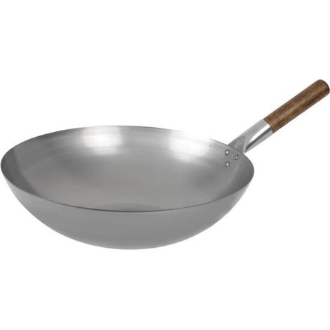 Wok en acier doux (Ø380 mm à fond hémisphérique, manche en bois (1/5)