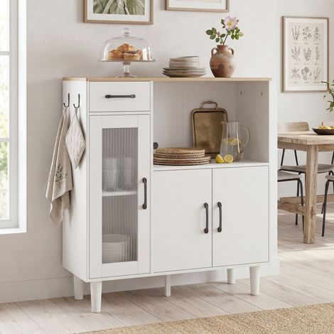 Buffet de cuisine avec tiroir, 2 placards, compartiment ouvert, porte en verre acrylique cannelé 80 x 34 x 91 cm Blanc + Chêne