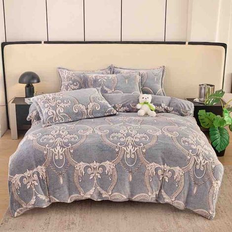 Parure de lit Cocolino moelleuse et colorée, 4 pièces : drap-housse pour matelas 180x200 cm, 160x200 cm et 140x200 cm, housse de couette 200x230 cm, 2 taies d’oreiller 50x74 cm, gris clair et crème. (1/5)