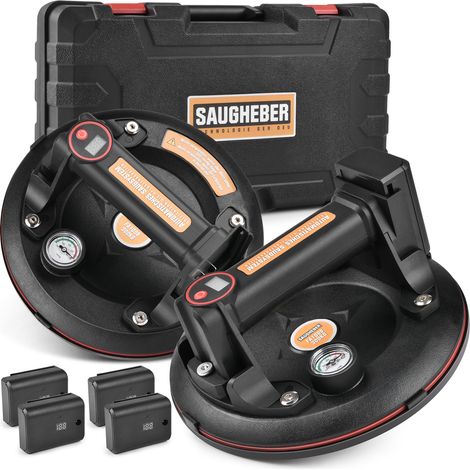 2Pack Saugheber mit 4X Akku für Heavy Duty mit Manometer Elektrischer 8" Vakuum-Saugnapf Tragkraft 300G Selbst Nachsaugend Glassauger Transport von Fliesen Marmor Aquarium Platten Laminat
