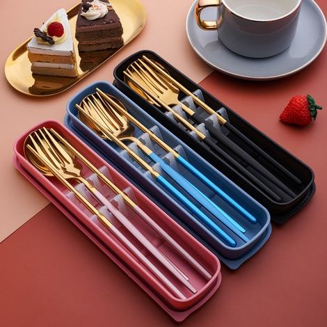 3-teiliges wiederverwendbares Essstäbchen und Löffelset aus Edelstahl ein Set enthält Essstäbchen einen Löffel und eine Gabel schwarz rosa und blau (1/5)