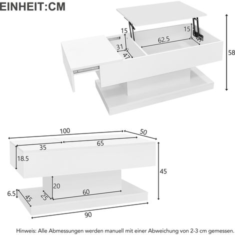 Table basse 100x50x45 cm blanche, plateau relevable LED, rangement, aggloméré MEUBLIV (1/5)