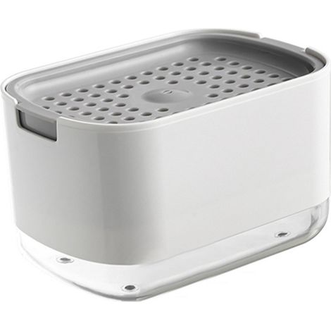 Distributeur de savon avec porte-éponge, boîte à savon à pression en PP PET, blanc, pour le nettoyage de la vaisselle et des torchons. (1/5)
