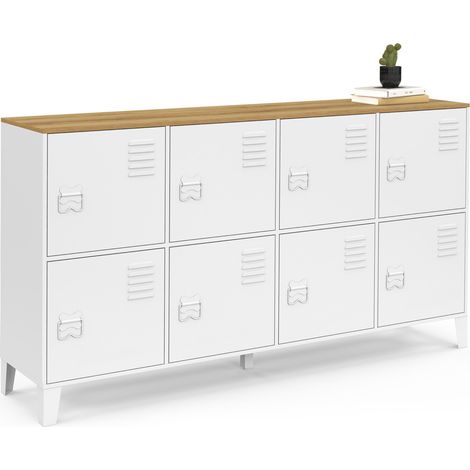 Sideboard mit Spind 139 cm ESTER 8 Türen aus weißem Metall Holzplatte Industriedesign