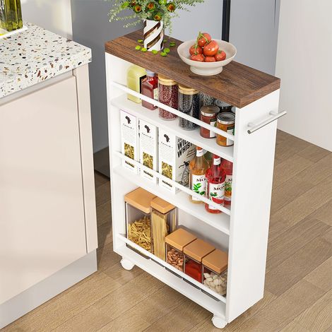 Carrello Portaoggetti da Cucina Slim Salvaspazio Bianco Industrial con 4 Ruote