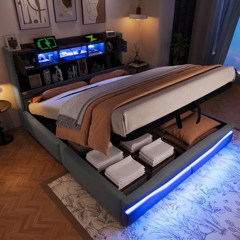 Cama tapizada con almacenamiento en lino gris, 160x200 cm, con LED, USB/USB-C y almacenamiento hidráulico. (1/5)