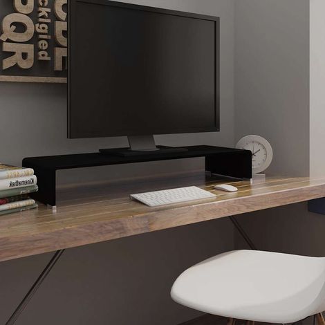 Meuble TV et support écran en verre trempé noir 90 x 30 x 13 cm - PANGIVO (1/5)