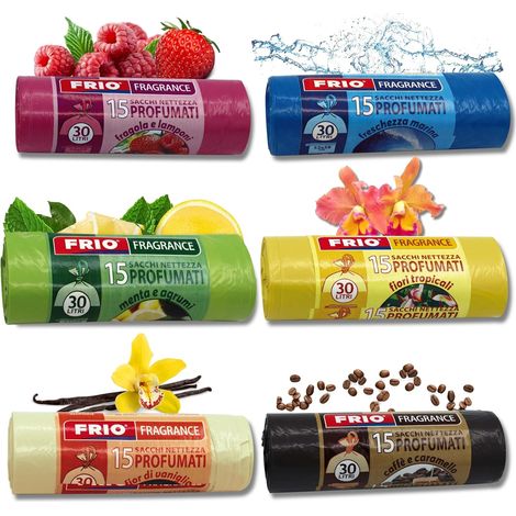 90 sacs poubelle parfumés 30L - 52x58 cm, extra résistants - Lot de 6 rouleaux de 15 sacs avec arômes et couleurs assorties, multi-fruits, qualité supérieure