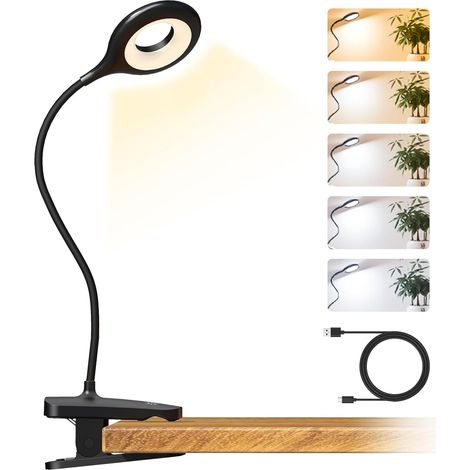 Lampe de lecture à pince pour tête de lit, 5 couleurs 5 intensités, lampe de table avec pince solide, rechargeable USB-C, col de cygne flexible, veilleuse pour lit superposé d'enfant, idéale pour lire (1/5)