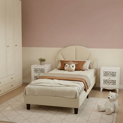 Lit une placerembourré 90x200 cm, Sommier à lattes avec Tête de lit capitonnée, Lit enfant, Tête de lit fleurie en velours, Beige (1/5)