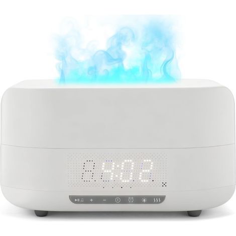 3D-vlammen aroma-diffuser, 400 ml vlamlicht, luchtbevochtiger met bluetooth-luidspreker, klok, 7-kleurig led-nachtlampje en afstandsbediening, geuroliediffuser voor thuis, kantoor, slaapkamer, wit (1/5)