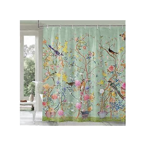 Duschvorhang Grün, schimmelresistent, wasserdicht, Vogel- und Blumenmuster, Badezimmervorhang mit 12 Haken, 120 x 180 cm (1/4)