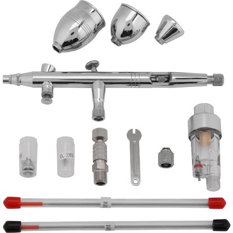 Ensemble aérographe/stylo à air, comprenant des buses de 0,3 mm, 0,2 mm et 0,5 mm, des godets de peinture de 2 cc, 5 cc et 13 cc et des tubes de peinture. (1/5)