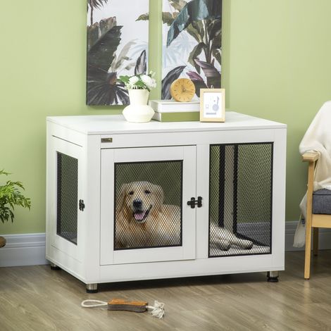 Cage pour chien avec plateau de table,coussin,2 portes,niche,niche,cage intérieure,table de chevet,blanche+noire,94 x 60 x 71,5 cm