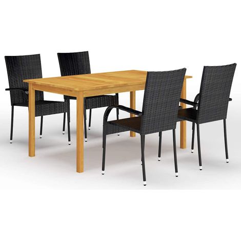 Ensemble repas jardin 5 pièces avec table et 4 chaises, acacia et résine tressée, noir - PANGIVO (1/5)